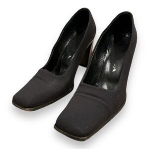 Prada Black Textile Square Toe Block Heel Pumps Made in Italy Womens 38.5